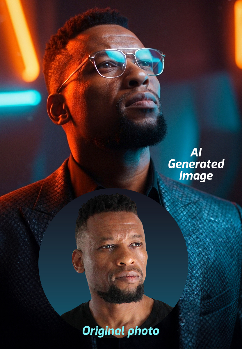 Dumisani Luthango, founder of Full Funnel Studios, alongside an AI-generated portrait showing the same AI imagery capability the agency offers clients